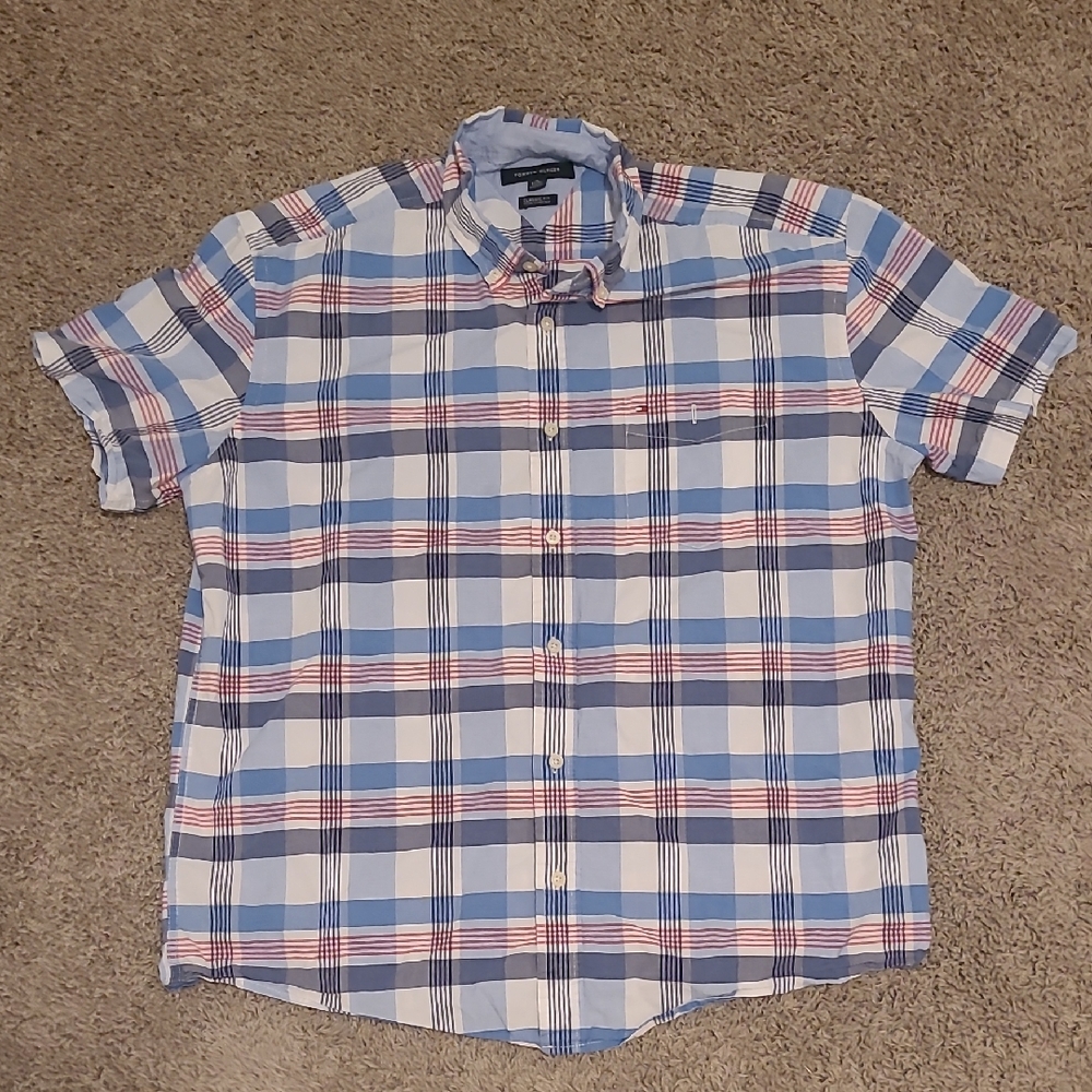 Men's Tommy Hilfiger Blue and Red Plaid Shirt Clasic Fit Button Down